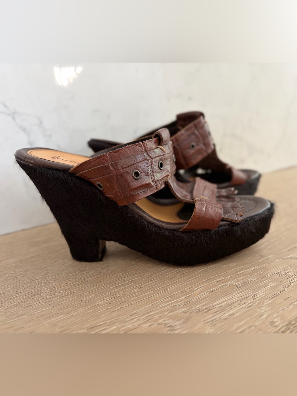 Henry Beguelin Made in Italy Pony Hair And Brown Leather Platform Wedge Mules